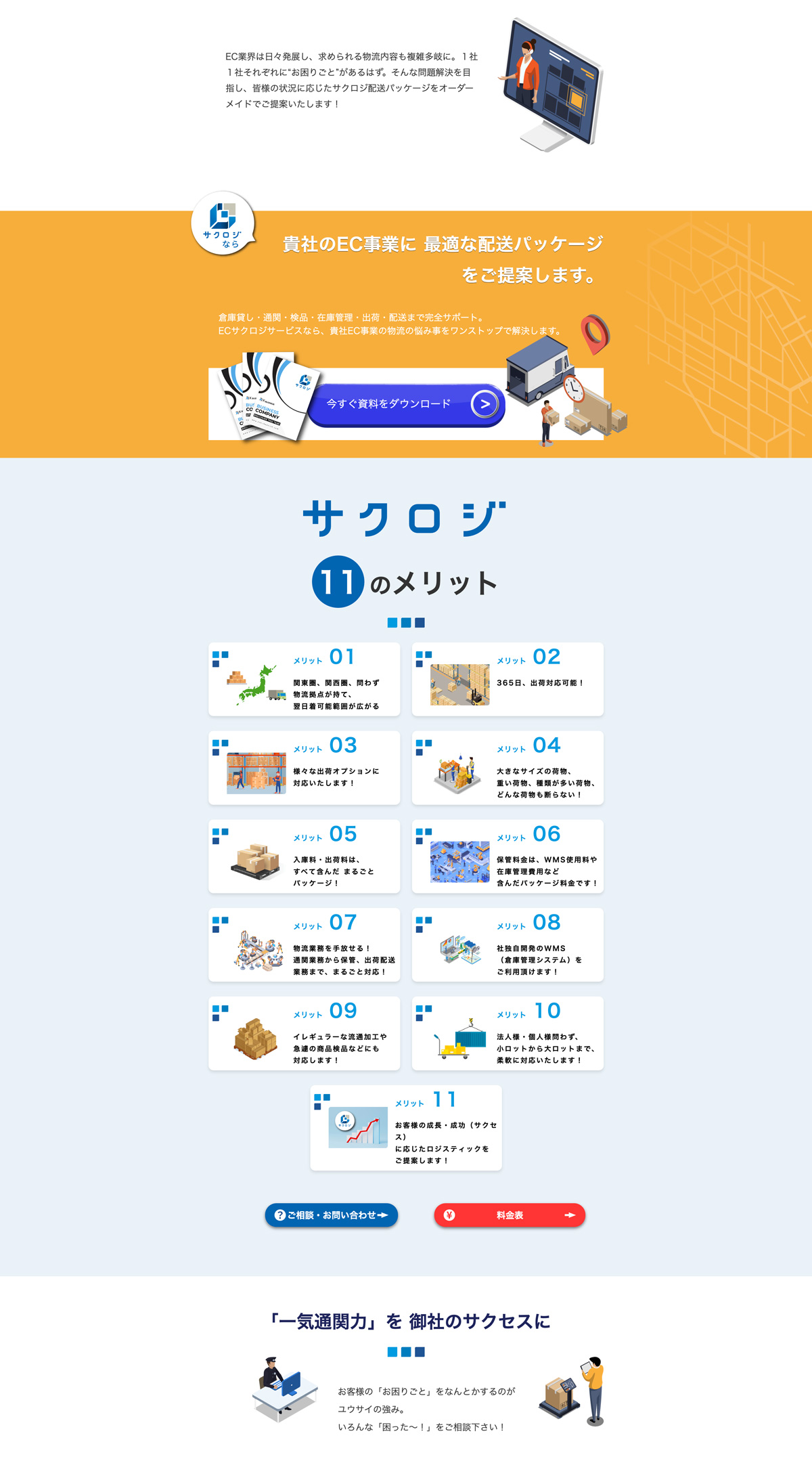 サクロジ サービス詳細ページ - 11のメリットと配送パッケージの説明