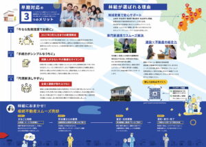 林組相続登記パンフレット見開き 免税措置・手続きシンプル・円満解決のメリット解説 4ステップの売却フロー図